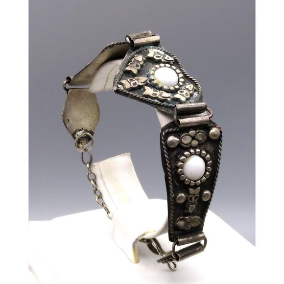 Primitive Silver Etruscan Style Bracelet with Vintage Milk Glass Cabochons - Picture 1 of 6